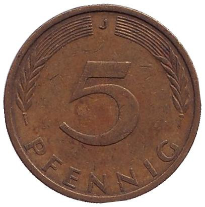 Монета 5 пфеннигов. 1972 год (J), ФРГ. Дубовые листья.