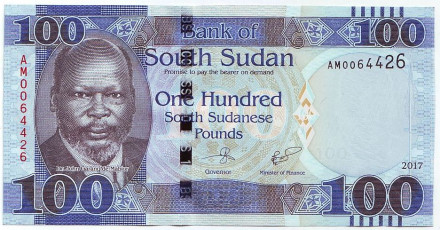 Банкнота 100 фунтов. 2017 год, Южный Судан. Джон Гаранг де Мабиор.