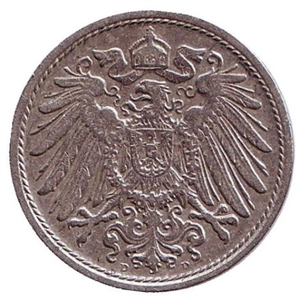 Монета 10 пфеннигов. 1908 год (D), Германская империя. Монета 10 пфеннигов. 1908 год (D), Германская империя.
