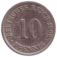 Монета 10 пфеннигов. 1908 год (D), Германская империя.