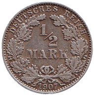 Монета 1/2 марки. 1907 год (D), Германская империя.
