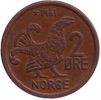 Курица. Монета 2 эре. 1961 год, Норвегия.