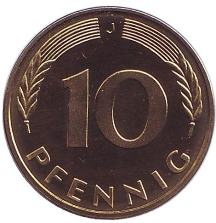 Монета 10 пфеннигов. 1982 год (J), ФРГ. UNC. Дубовые листья.