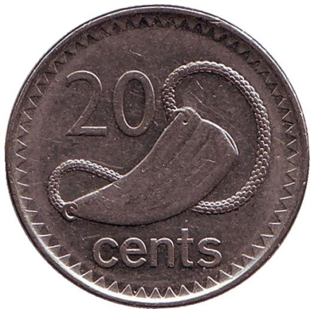 Монета 20 центов. 2009 год, Фиджи. Культовый атрибут Tabua (зуб кита) на плетеном шнурке.