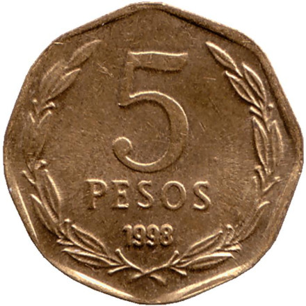 Монета 5 песо. 1998 год, Чили. Бернардо О’Хиггинс.