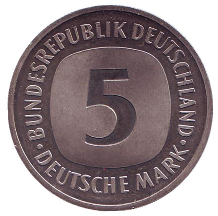 Монета 5 марок. 1989 год (G), ФРГ.