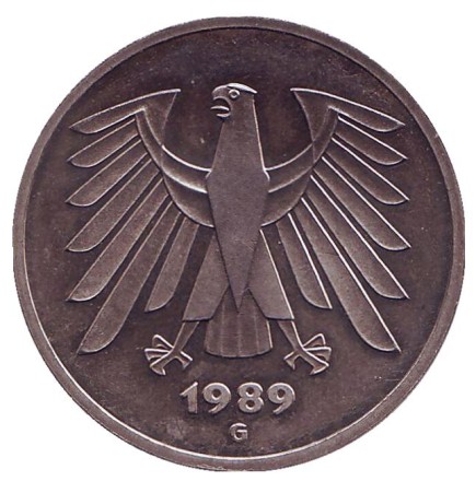 Монета 5 марок. 1989 год (G), ФРГ. Монета 5 марок. 1989 год (G), ФРГ.