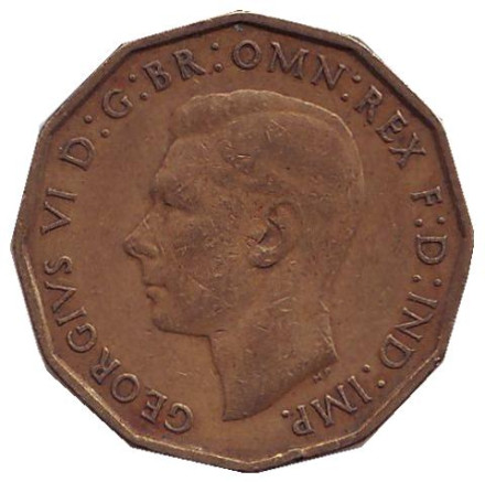 Монета 3 пенса. 1939 год, Великобритания. Лук-порей.