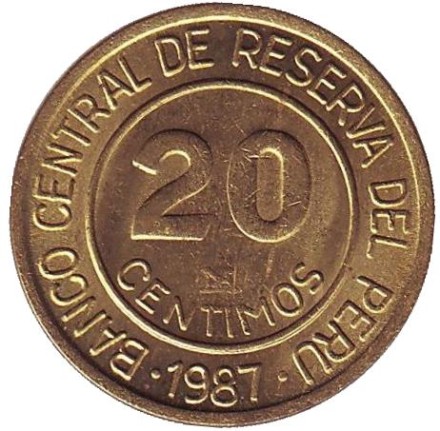 Монета 20 сентимов. 1987 год, Перу. Мигель Грау. Монета 20 сентимов. 1987 год, Перу. Мигель Грау.