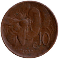 Монета 10 чентезимо. 1937 год, Италия. Пчела. (Старый тип). Монета 10 чентезимо. 1937 год, Италия. Пчела. (Старый тип).