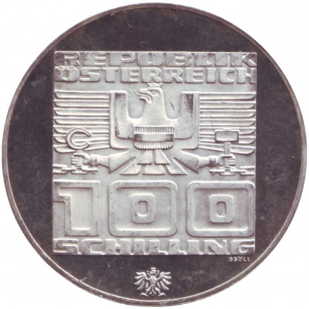 Монета 100 шиллингов. 1976 год, Австрия. XII зимние Олимпийские Игры, Инсбрук. (Отметка - орёл). Proof. Монета 100 шиллингов. 1976 год, Австрия. XII зимние Олимпийские Игры, Инсбрук. (Отметка - орёл). Proof.