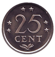 Монета 25 центов. 1985 год, Нидерландские Антильские острова. UNC. Монета 25 центов. 1985 год, Нидерландские Антильские острова. UNC.
