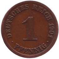 Монета 1 пфенниг. 1901 год (A), Германская империя. Монета 1 пфенниг. 1901 год (A), Германская империя.