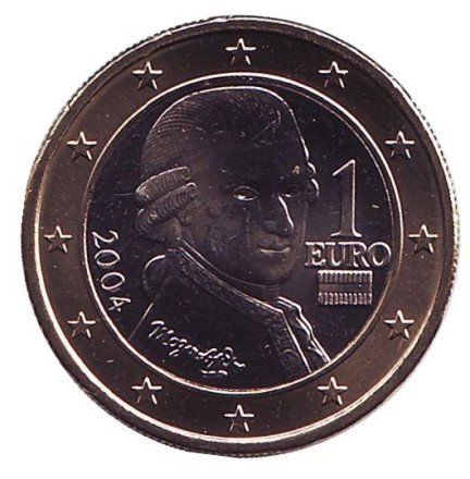 Монета 1 евро. 2004 год, Австрия. Моцарт.