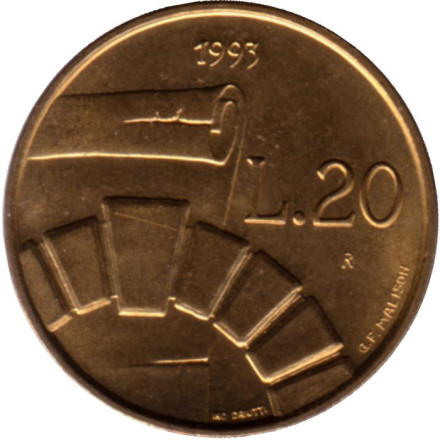 Монета 20 лир. 1993 год, Сан-Марино. Свиток и арка.