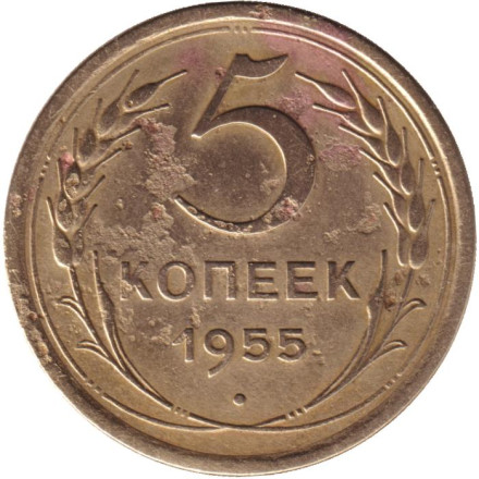 Монета 5 копеек. 1955 год, СССР.