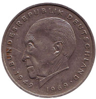 Монета 2 марки. 1973 год (J), ФРГ. Конрад Аденауэр. Монета 2 марки. 1973 год (J), ФРГ. Конрад Аденауэр.