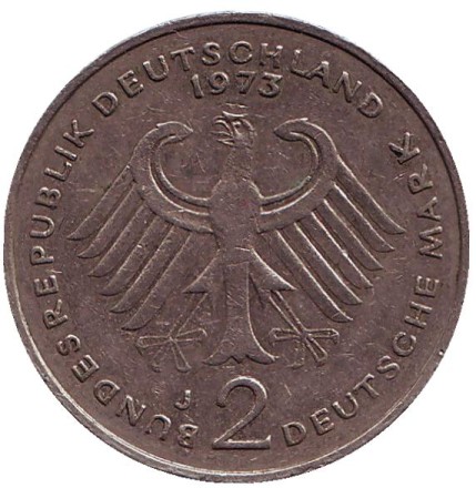 Монета 2 марки. 1973 год (J), ФРГ. Конрад Аденауэр.