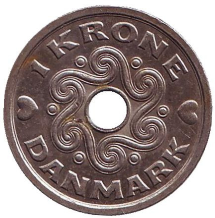 Монета 1 крона. 2006 год, Дания. Из обращения.
