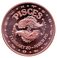 Рыбы. "Знаки зодиака." Монетовидный жетон. Унция меди 999. США.  Рыбы. "Знаки зодиака." Монетовидный жетон. Унция меди 999. США.