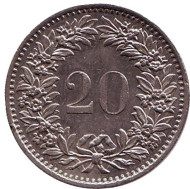 Монета 20 раппенов. 1980 год, Швейцария. Монета 20 раппенов. 1980 год, Швейцария.
