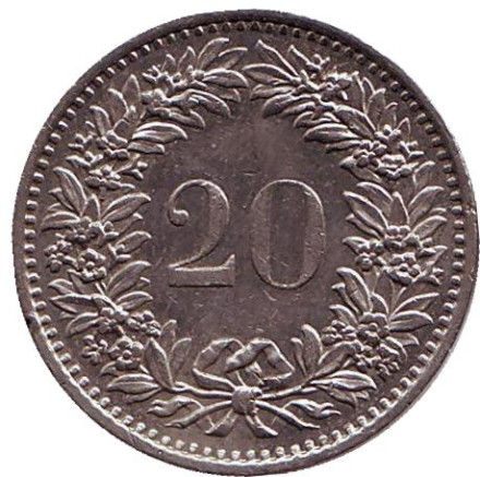Монета 20 раппенов. 1980 год, Швейцария.