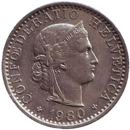 Монета 20 раппенов. 1980 год, Швейцария.