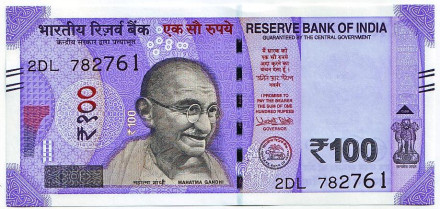 Банкнота 100 рупий. 2018 год, Индия. Махатма Ганди.