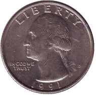 Монета 25 центов. 1991 (D) год, США. Вашингтон. Монета 25 центов. 1991 (D) год, США. Вашингтон.