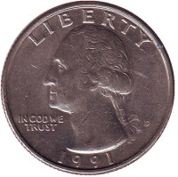 Вашингтон. Монета 25 центов. 1991 (D) год, США.