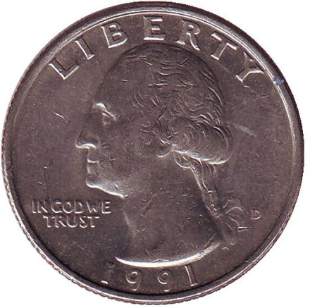 Монета 25 центов. 1991 (D) год, США. Вашингтон.