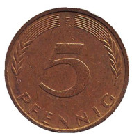 Монета 5 пфеннигов. 1975 год (F), ФРГ. Дубовые листья.