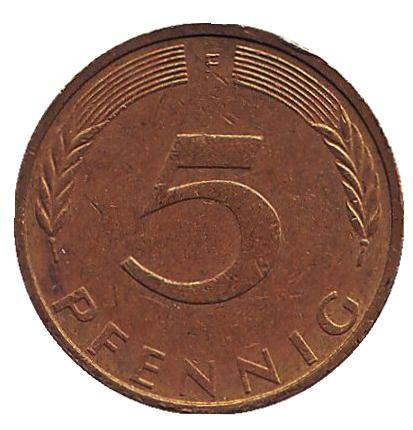 Монета 5 пфеннигов. 1975 год (F), ФРГ. Дубовые листья.