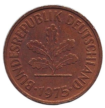 Монета 5 пфеннигов. 1975 год (F), ФРГ. Дубовые листья.