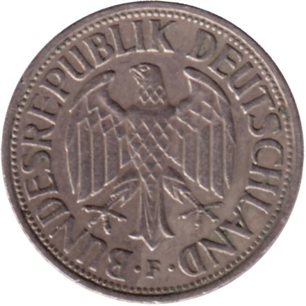 Монета 1 марка. 1961 год (F), ФРГ. Монета 1 марка. 1961 год (F), ФРГ.