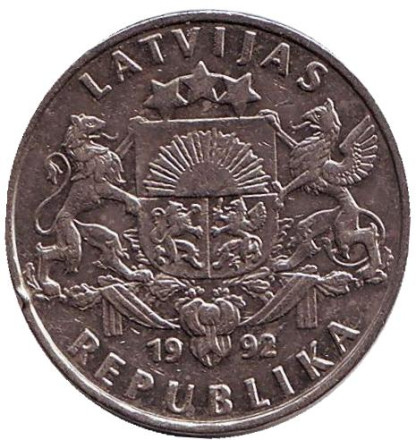 Монета 1 лат, 1992 год, Латвия. Из обращения. Рыба. Монета 1 лат, 1992 год, Латвия. Из обращения. Рыба.
