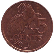 Монета 5 центов. 1977 год, Тринидад и Тобаго. Райская птица. Монета 5 центов. 1977 год, Тринидад и Тобаго. Райская птица.