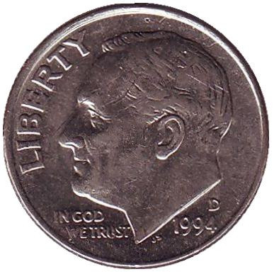 Монета 10 центов. 1994 (D) год, США. Рузвельт.