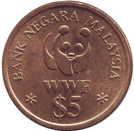 Монета 5 ринггит. 1992 год, Малайзия. Фонд дикой природы (WWF). Монета 5 ринггит. 1992 год, Малайзия. Фонд дикой природы (WWF).