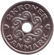 Монета 2 кроны. 1993 год, Дания. Монета 2 кроны. 1993 год, Дания.