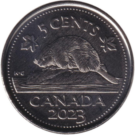 Монета 5 центов, 2023 год, Канада. Бобр. Карл III.