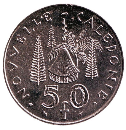 Монета 50 франков. 1987 год, Новая Каледония. UNC. Хижина островитян.