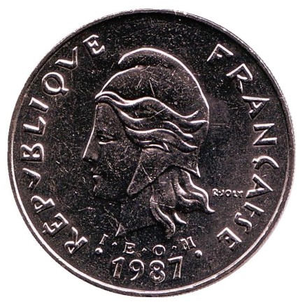 Монета 50 франков. 1987 год, Новая Каледония. UNC. Хижина островитян.