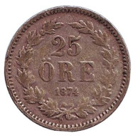 Монета 25 эре. 1874 год, Швеция. Монета 25 эре. 1874 год, Швеция.