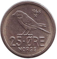 Монета 25 эре. 1968 год, Норвегия. Птица. Монета 25 эре. 1968 год, Норвегия. Птица.