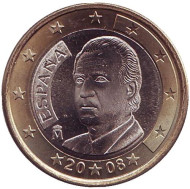 Монета 1 евро. 2008 год, Испания. Монета 1 евро. 2008 год, Испания.