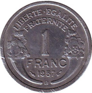 Монета 1 франк. 1957 В год, Франция. Монета 1 франк. 1957 В год, Франция.