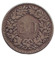 Монета 20 раппенов. 1850 год, Швейцария. Монета 20 раппенов. 1850 год, Швейцария.