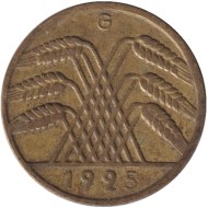 Монета 10 рейхспфеннигов. 1925 (G) год, Веймарская республика. Монета 10 рейхспфеннигов. 1925 (G) год, Веймарская республика.