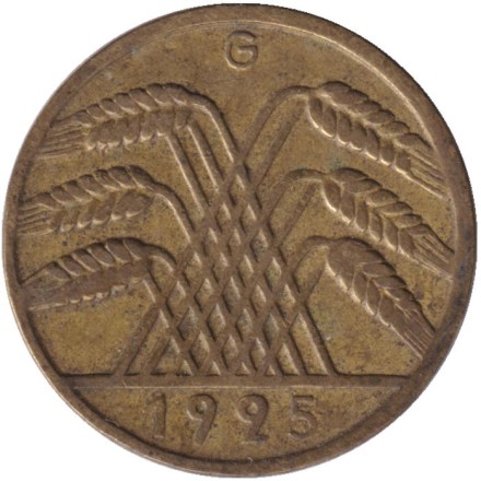 Монета 10 рейхспфеннигов. 1925 (G) год, Веймарская республика.